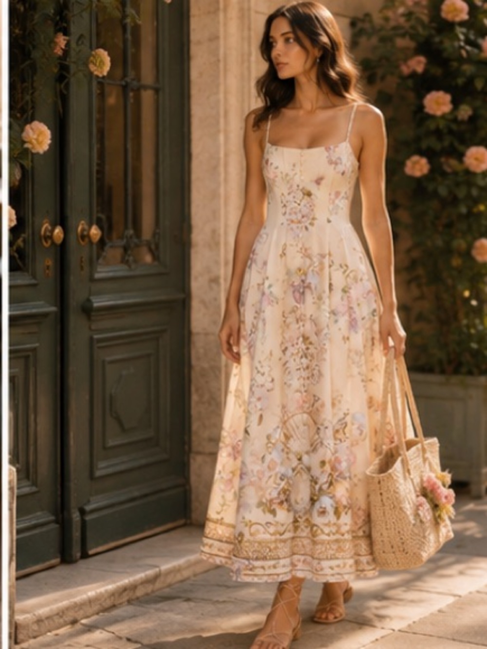 Floral Cream Midi Sundress with Delicate Print - Picture 9 of 12